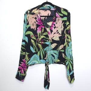 Rachel Roy Tropical Tie Front Blouse Large Black Floral Resortwear Vacation